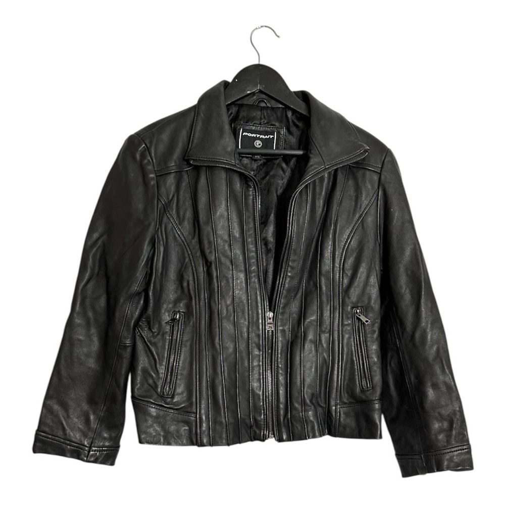 Portrait Black Genuine Leather Jacket Vintage Zip Front Size PL Petite Large